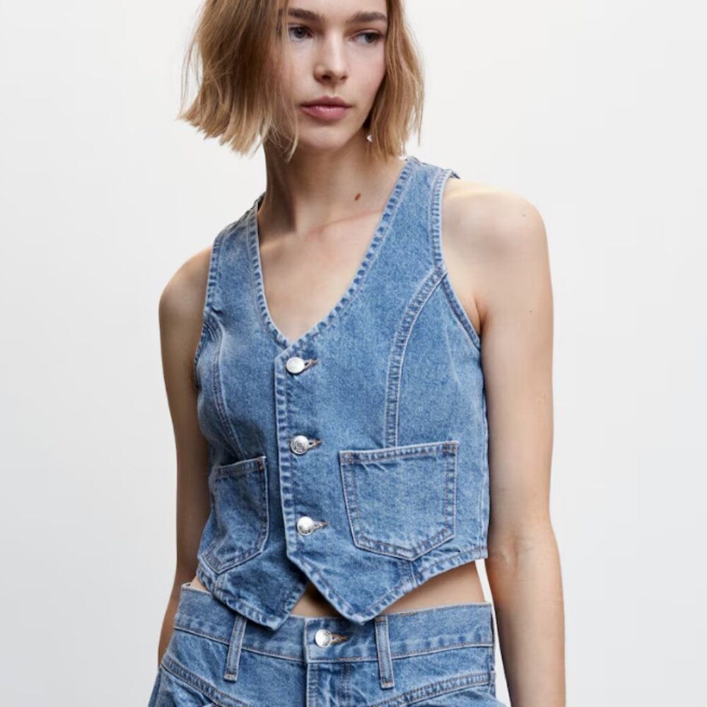 Mango Denim Vest with Pockets - Size XS